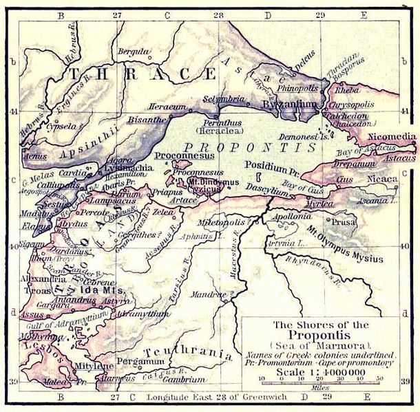 W.R.Shedard tarafından 1923 yapılan antik yerleşim yerleri haritasında Bisanthe ve Heraeum(Herion Teikhos) isimleri görülebilinir